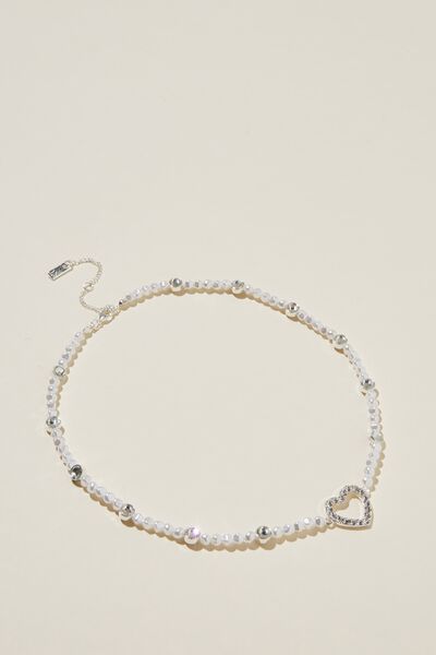 Beaded Choker Necklace, STERLING SILVER PLATED HEART DIAMANTE