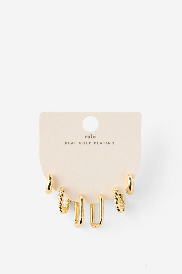 Brinco - 3Pk Mid Earring, GOLD PLATED RECTANGLE TWIST SMOOTH
