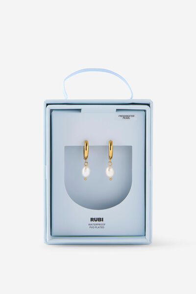 Waterproof Gifting Earrings - Freshwater Pearl, GOLD FRESHWATER PEARL HUGGIE HOOP
