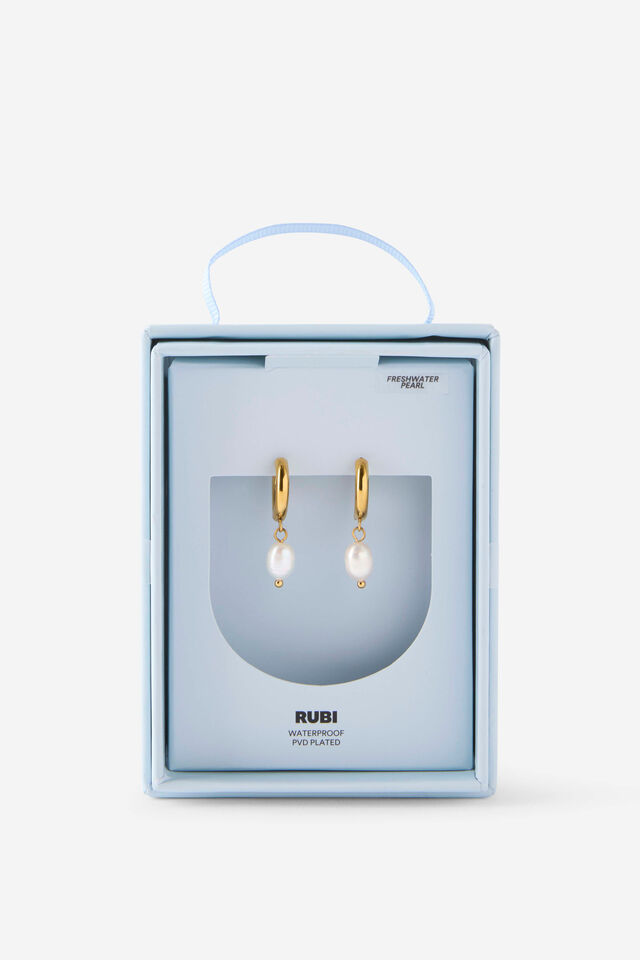 Waterproof Gifting Earrings - Freshwater Pearl, GOLD FRESHWATER PEARL HUGGIE HOOP