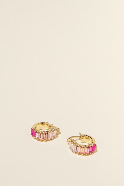 Small Hoop Earring, GOLD PLATED OMBRE PINK BAGUETTE