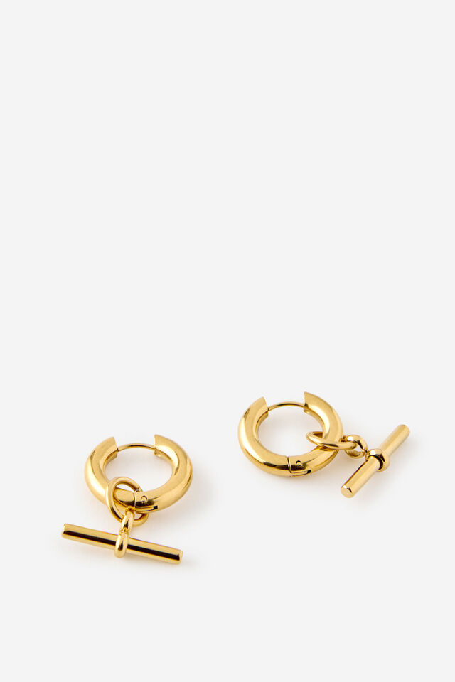 Waterproof Charm Hoop Earring, GOLD T BAR HUGGIE