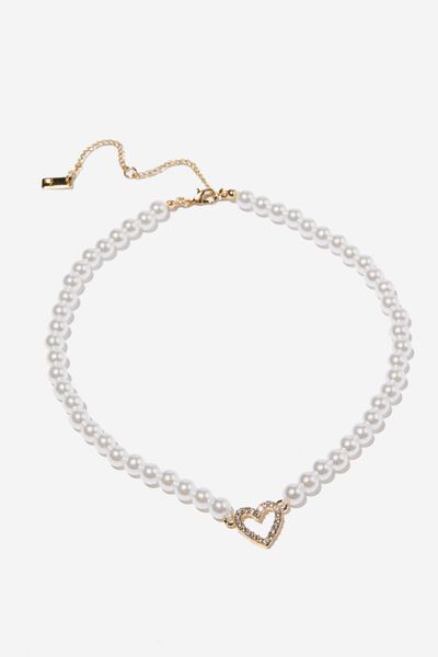 Premium Beaded Choker Gold Plated, GOLD PLATED PEARL DIA HEART