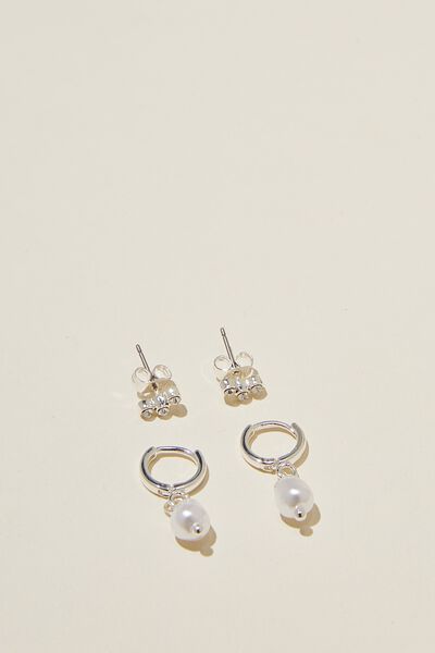 Brinco - 2Pk Small Earring, STERLING SILVER PLATED PEARL AND TRIO DIA