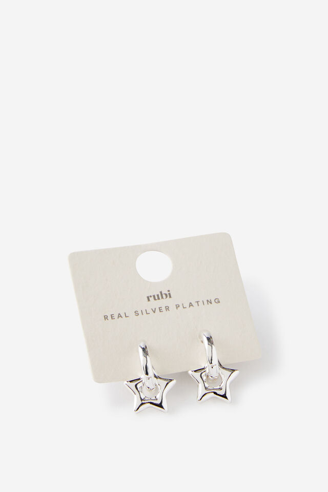 Huggie Hoop Earring, SILVER PLATED CHUBBY STAR