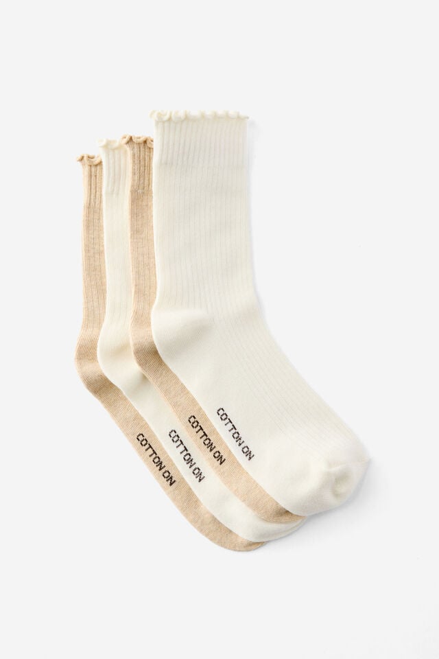 2Pk Frill Rib Crew Sock, OATMEAL MARLE/PEARL