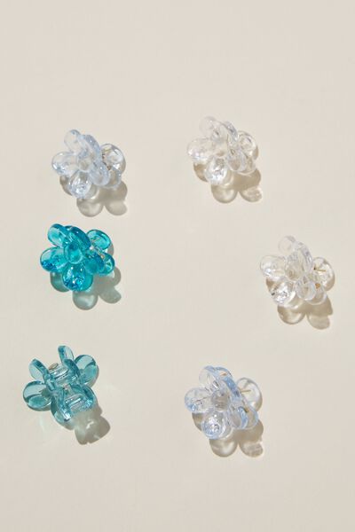 6Pk Mini Flower Claws, BLUE & CLEAR