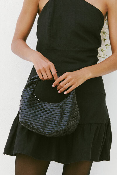 Goldie Mini Handle Bag, BLACK WOVEN SMOOTH