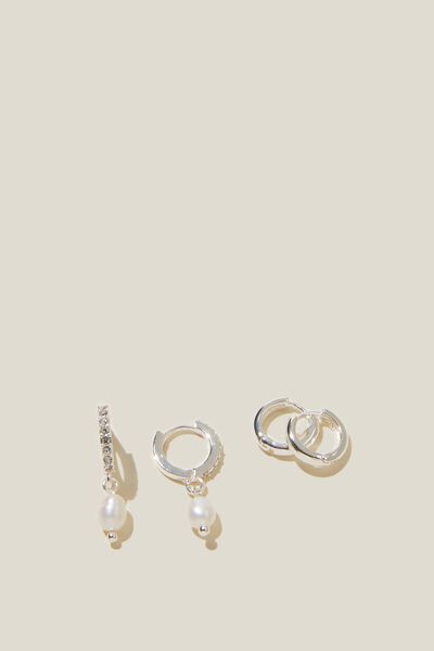 2Pk Mid Earring, SILVER PLATED DIAMANTE PEARL
