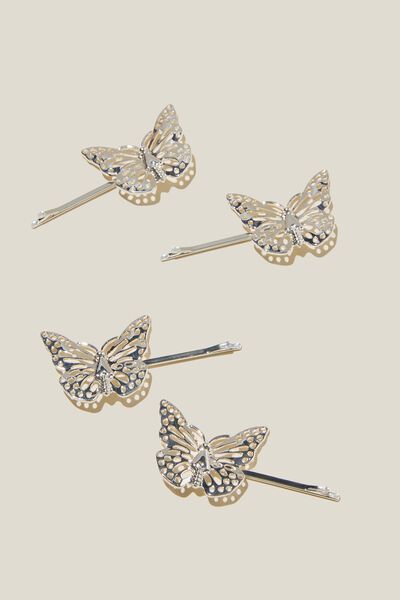 4Pk Billie Butterfly Hair Pins, SILVER BUTTERFLY