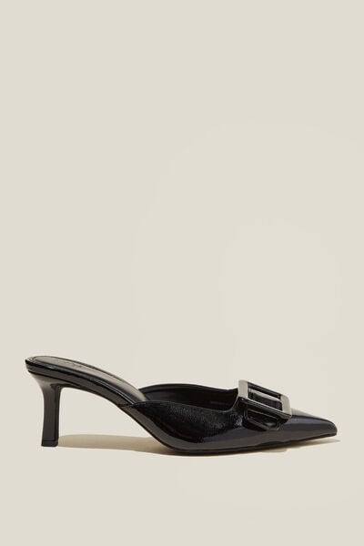 Daisy Pointed Buckle Mule, BLACK PATENT VEGAN LEATHER