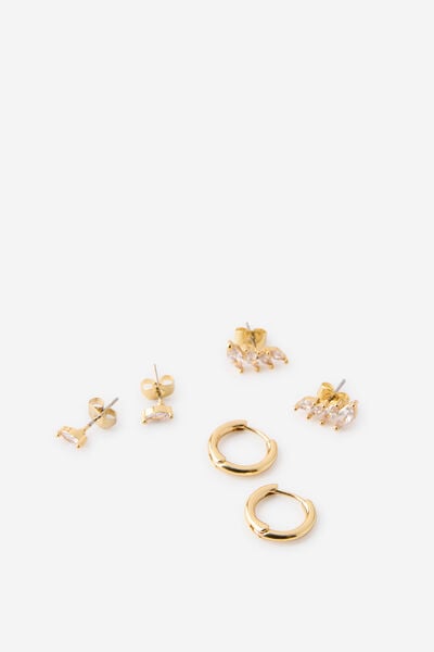 Premium Plated 3Pk Mid Earring, GOLD DIA LEAF CLIMBER
