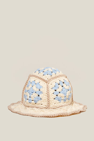 Fleur Crochet Bucket Hat, BLUE & TAUPE/ECRU BASE