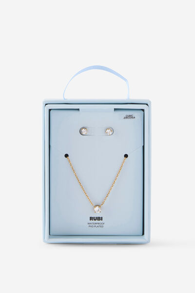 Waterproof Gifting Pack - Zirconia, GOLD CUBIC ZIRCONIA STUD EAR NECK