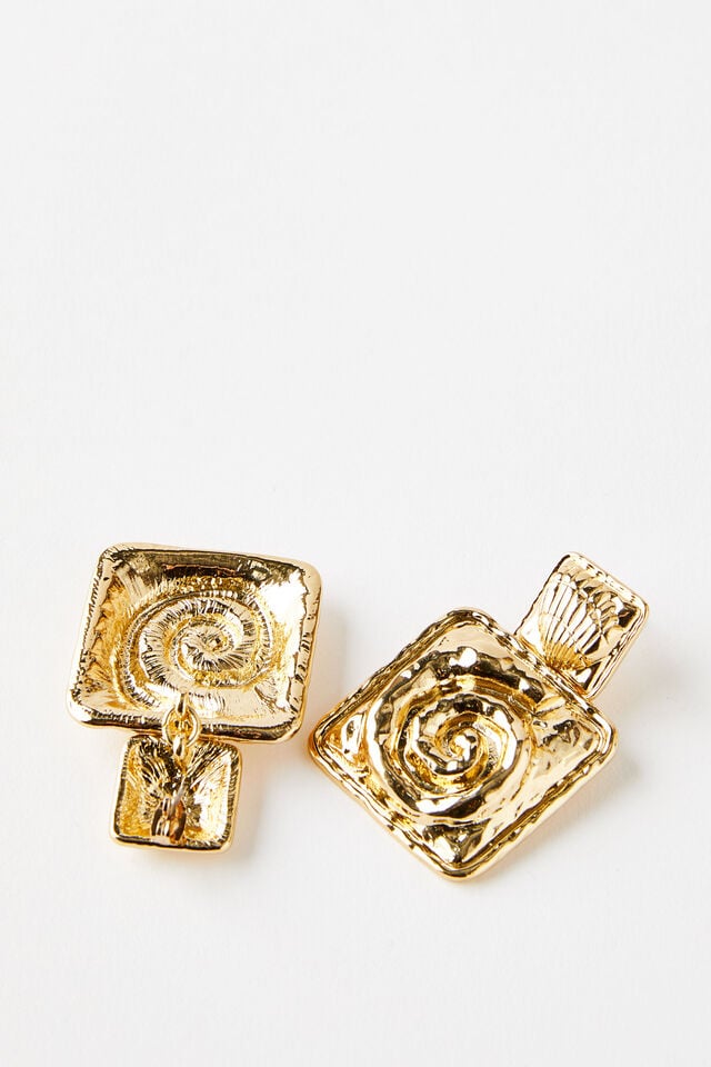 Mid Charm Earring, UP SQUARE DOUBLE DROP SWIRL GOLD