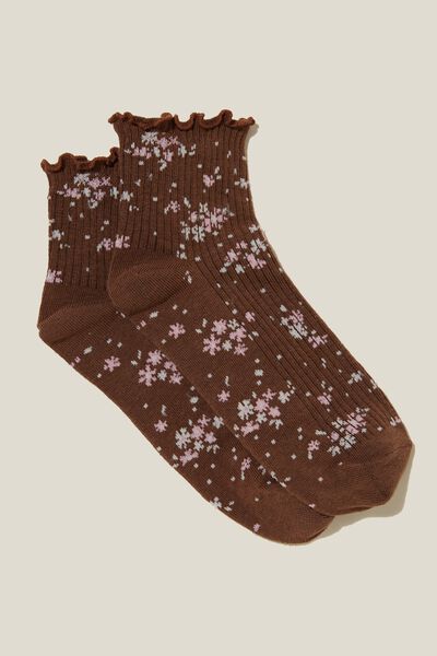 Frill Ribbed Ankle Sock, DAPHNE DITSY/RICH BROWN