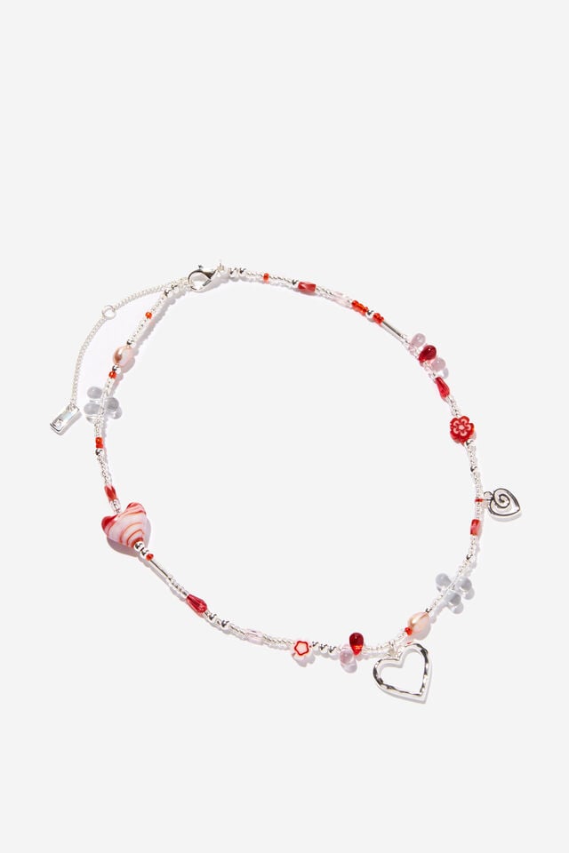 Beaded Necklace, SILVER PLATED GLASS ECLECTIC RED