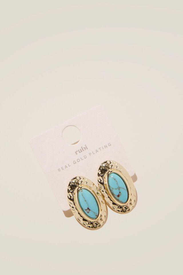 Mid Charm Earring, GOLD PLATED TURQUOISE STONE OVAL