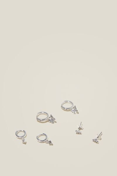 Brinco - 3Pk Small Earring, STERLING SILVER PLATED DIA BUTTERFLY