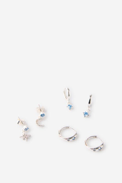 Premium Plated 3Pk Mid Earring, SILVER CELESTIAL BLUE DIA