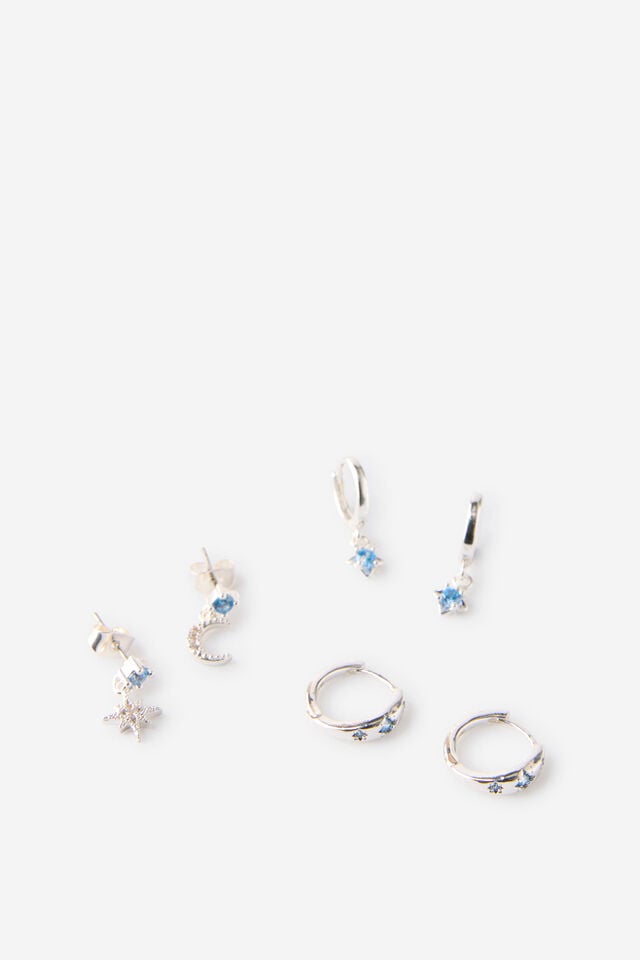 Premium Plated 3Pk Mid Earring, SILVER CELESTIAL BLUE DIA