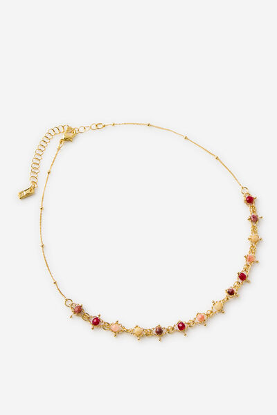 Premium Plated Mid Chain Necklace, GOLD HEIRLOOM BURGUNDY STONES