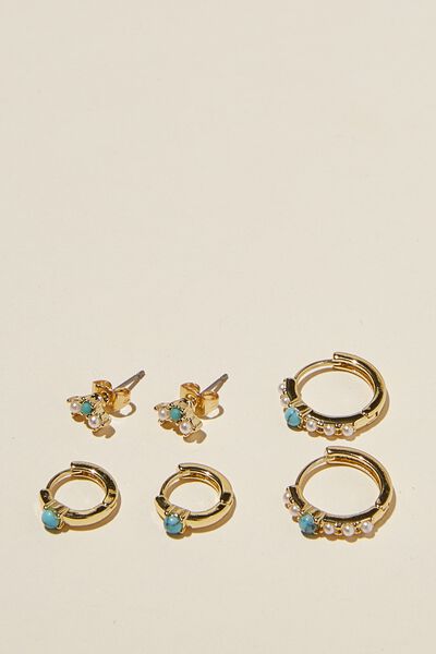 3Pk Small Earring, GOLD PLATED TURQUOISE PEARL