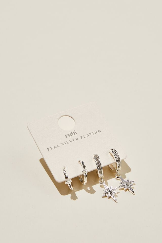 2Pk Mid Earring, SILVER PLATED DIA PEARL NORTH STAR