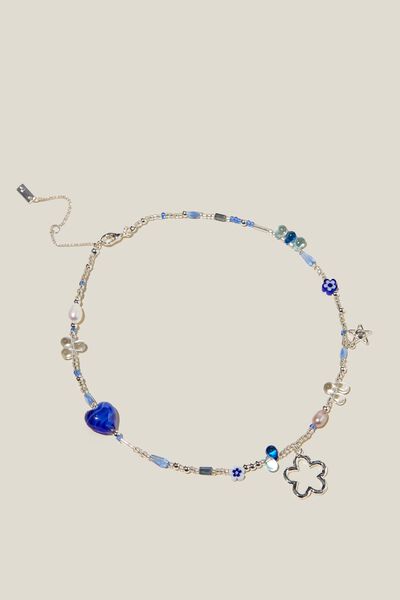 Colar - BEADED NECKLACE, SILVER PLATED GLASS ECLECTIC BLUE