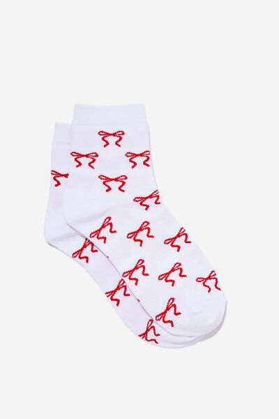 Flat Mid Crew Sock, WHITE/RED BOW