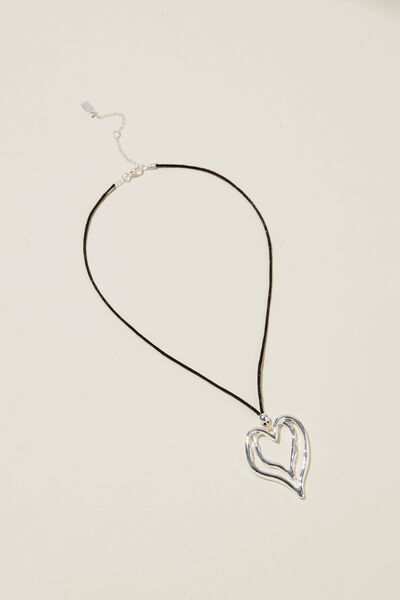Colar - Cord Pendant Necklace, SILVER PLATED HEART CUT OUT BLACK CORD