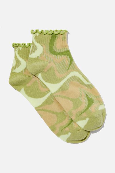 Frill Ribbed Ankle Sock, WALDO WARPED CLEAN GREEN