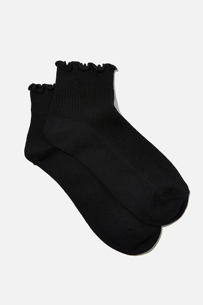 Frill Ribbed Ankle Sock, BLACK