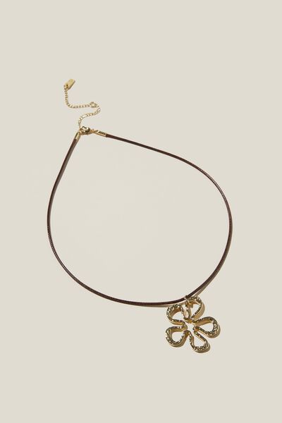 Cord Pendant Necklace, GOLD PLATED FLOWER BROWN CORD