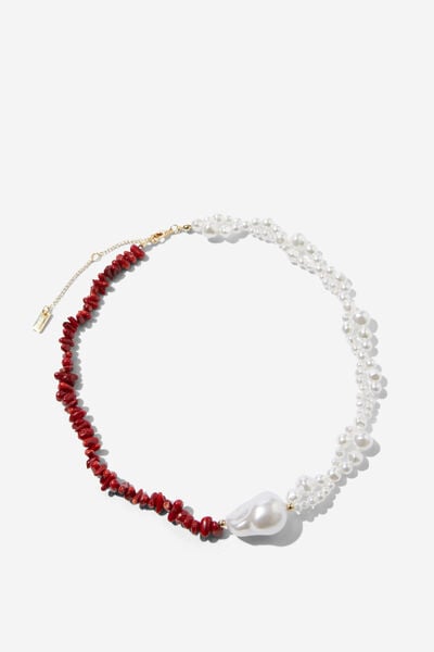 Beaded Necklace, UP RED CORAL & PEARLS