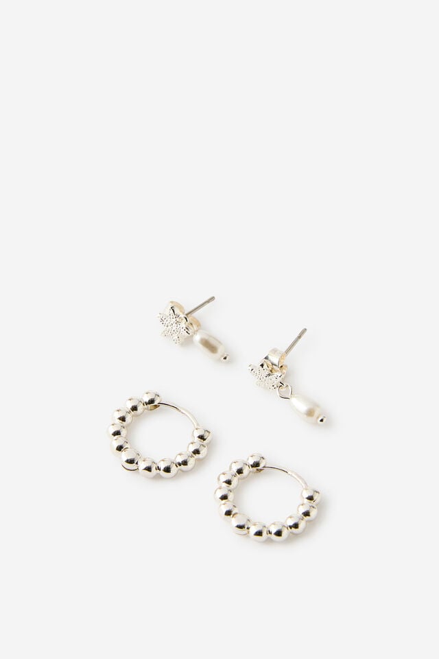 Premium Plated 2Pk Mid Earring, SILVER STARFISH PEARL DROP