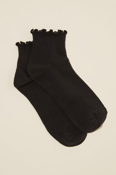Meias - Frill Ribbed Ankle Sock, BLACK