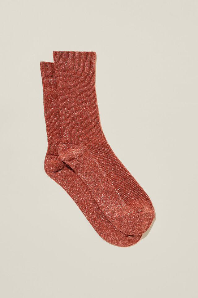 Lurex Fine Ribbed Sock, DARK SEPIA