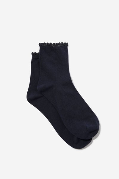 Scalloped Mid Crew Sock, NAVY