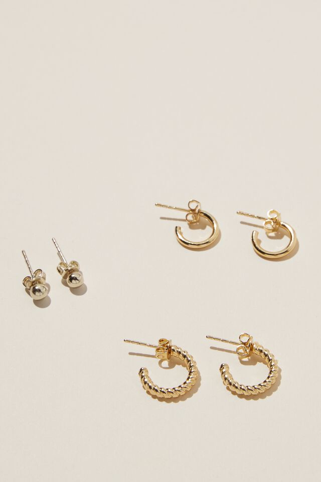 3Pk Small Earring, GOLD PLATED TWIST