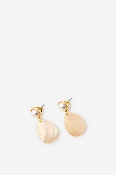 Mid Charm Earring, GOLD PEARL CHARM GOLDEN SHELL