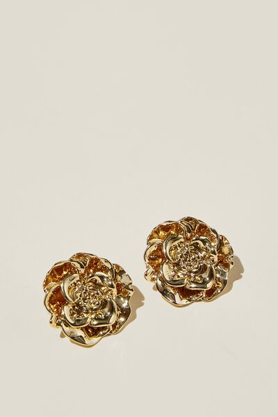 Mid Charm Earring, GOLD PLATED FLOWER STUD