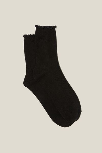 Meias - FRILL RIBBED CREW SOCK, SOLID BLACK