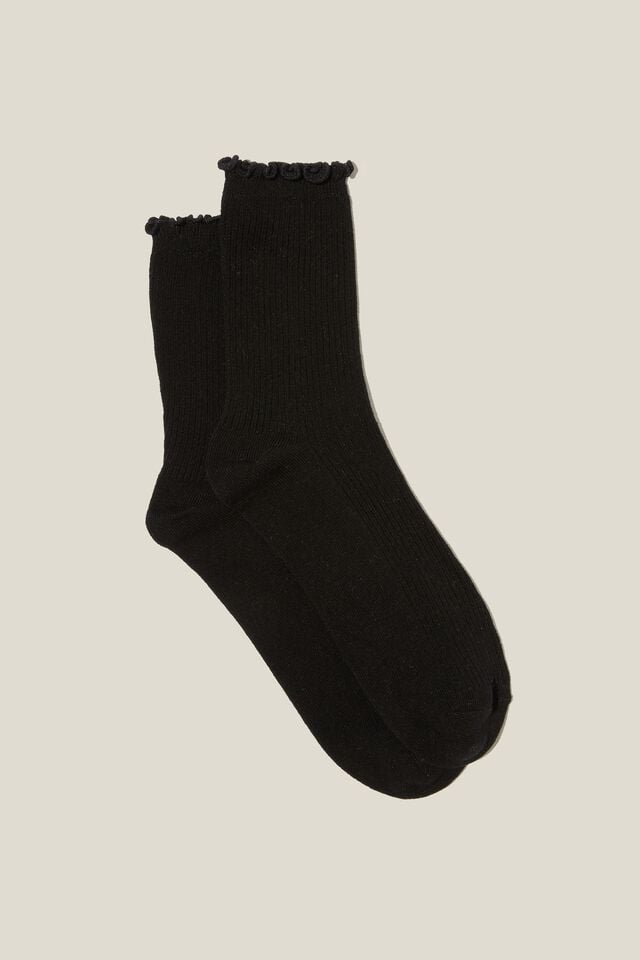 Frill Ribbed Crew Sock, SOLID BLACK