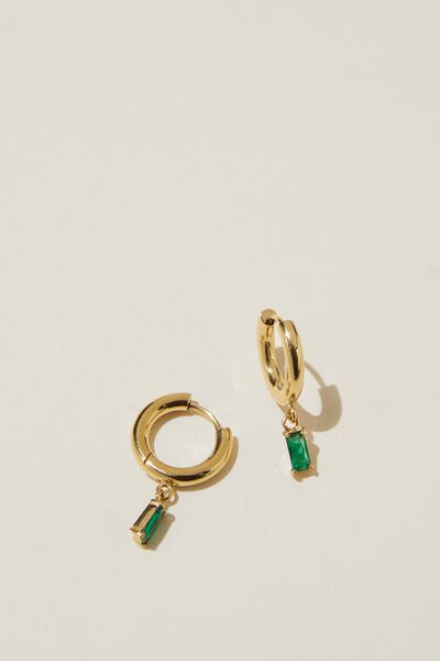 Waterproof Mid Charm Earring, GOLD PLATED EMERALD BAGUETTE STONE