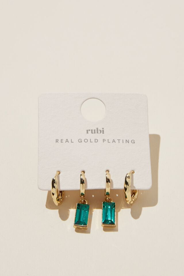 2Pk Mid Earring, GOLD PLATED EMERALD BAGUETTE STONE