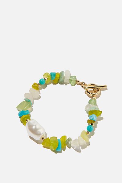 Premium Beaded Bracelet Gold Plated, GOLD PLATED  PEARL GREEN STONE