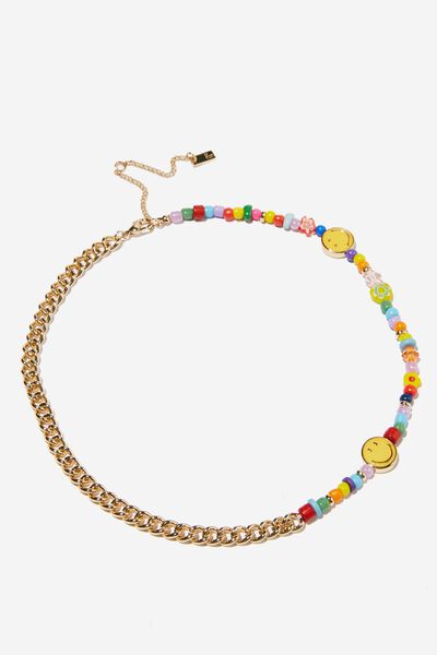 Premium Beaded Necklace Gold Plated, LCN SMILEY GOLD PLATED CURB MULTI BEADS