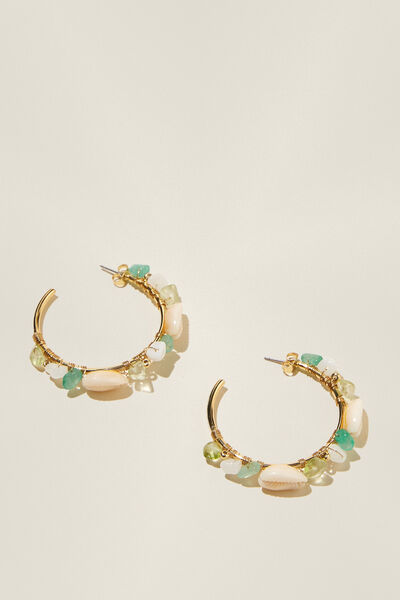 Large Hoop Earring, GOLD PLATED GREEN STONE SHELL