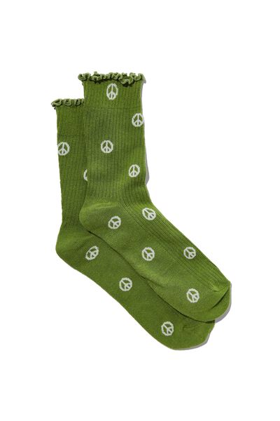 Frill Ribbed Crew Sock, PEACE SIGN CAMPER GREEN